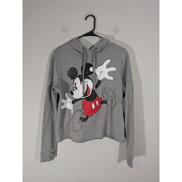 Disney Mickey Mouse Hoodie Women Sz L Gray Long Sleeve Pullover Sweatshirt - Picture 1 of 7